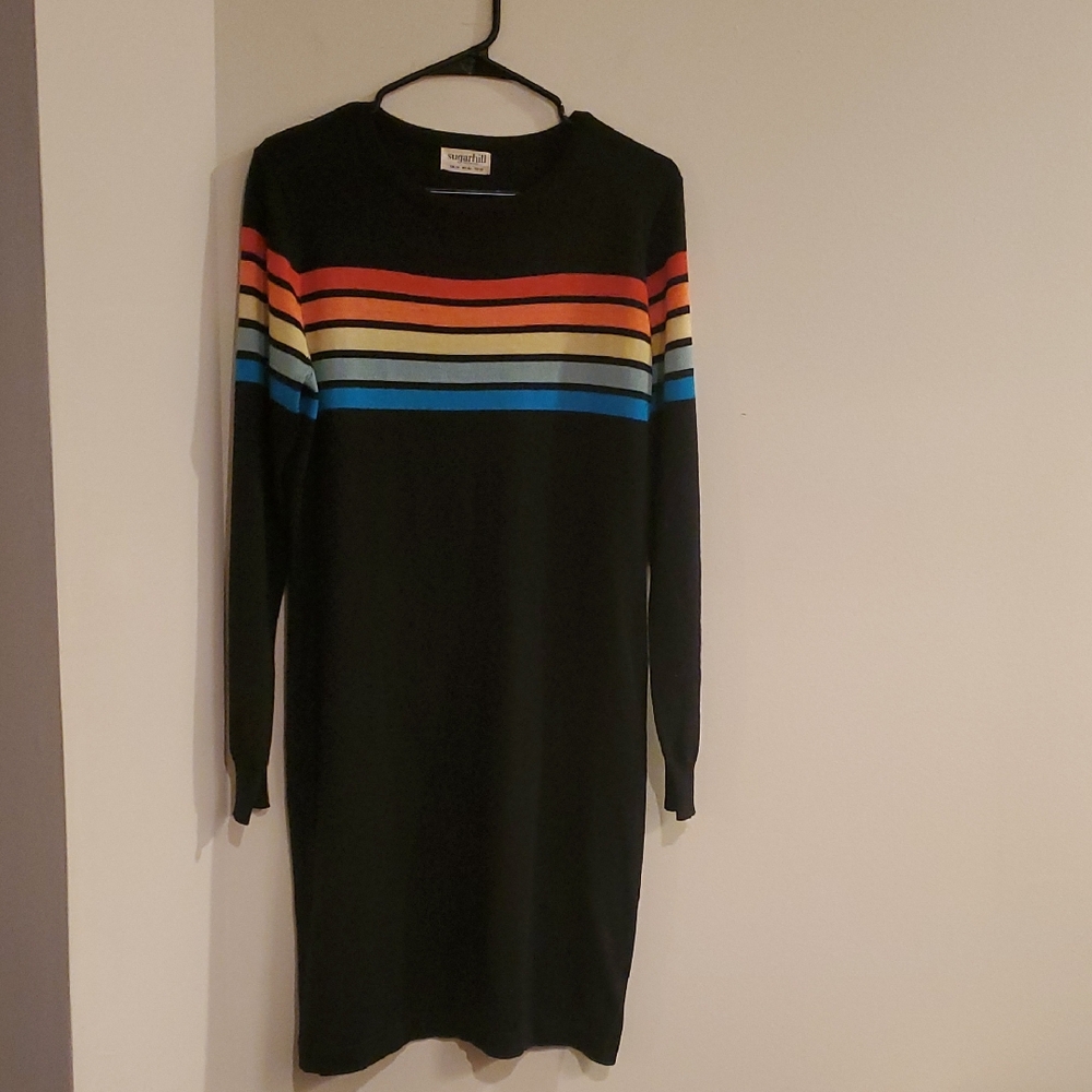 Women’s Long Sleeve Black Knit Dress with Rainbow Stripes